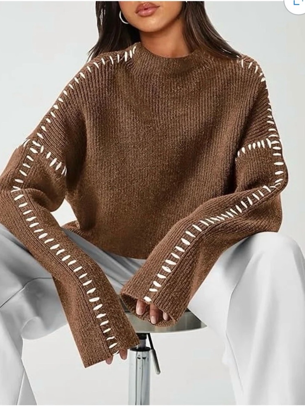 PrettyGarden Women's Crewneck Knit Sweater with Ladder Stitch Detail in Mocha